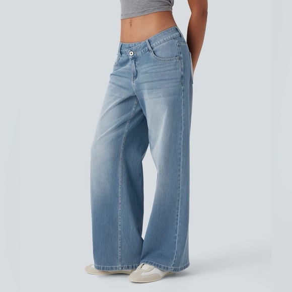 Halara Flex Asymmetric Low Rise Zipper Pockets Baggy Wide Leg jeans Sz Small - Picture 2 of 15